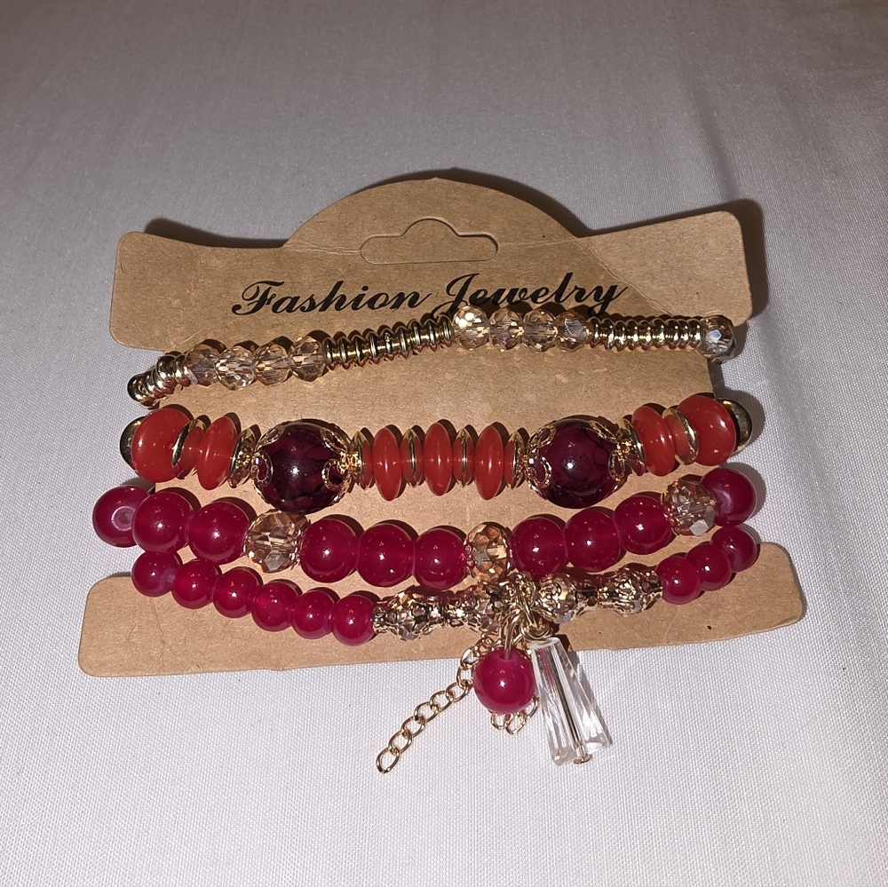 Fashion Stretchy Beaded Bracelets In Vibrant Red and Gold - Set Of 4